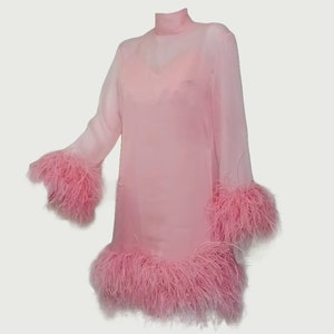 MARAYA Lady Pink Long Sleeve mini Feather dress