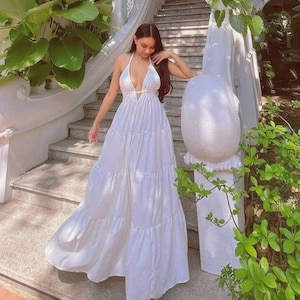 White Long Boho Summer Dress - Open Back Dress - Flowy Summer Dress, Wedding Guest Dress, Bridesmaid Dress - Beach Resort Dress,Boho wedding