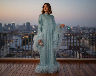 MARAYA Metallic Sparkle Bell Sleeve Ostrich Feather Maxi Dress