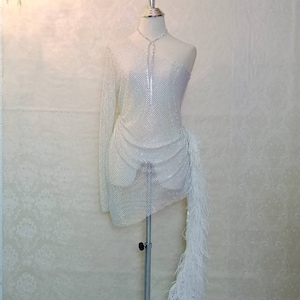 MARAYA Sheer Rhinestone Mesh Stretch Single Sleeve High Slit Mini See - through Dress