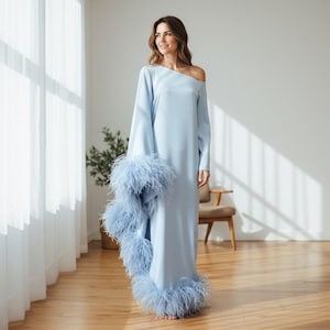 fitted lace wedding dress Constanza White Embroidery Sequins Long Sleeve Feather Trim Hem Dress –  HOUSE OF MAGUIE