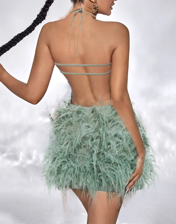 MARAYA Green Halter Neck Mini Feather Dress - Etsy