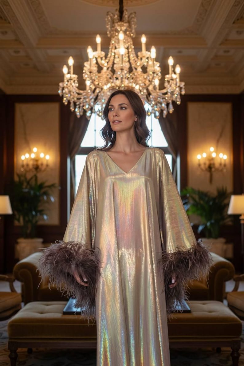 CERVIA Sparkle Kaftan Dress with Feathers, Party Robe image 1