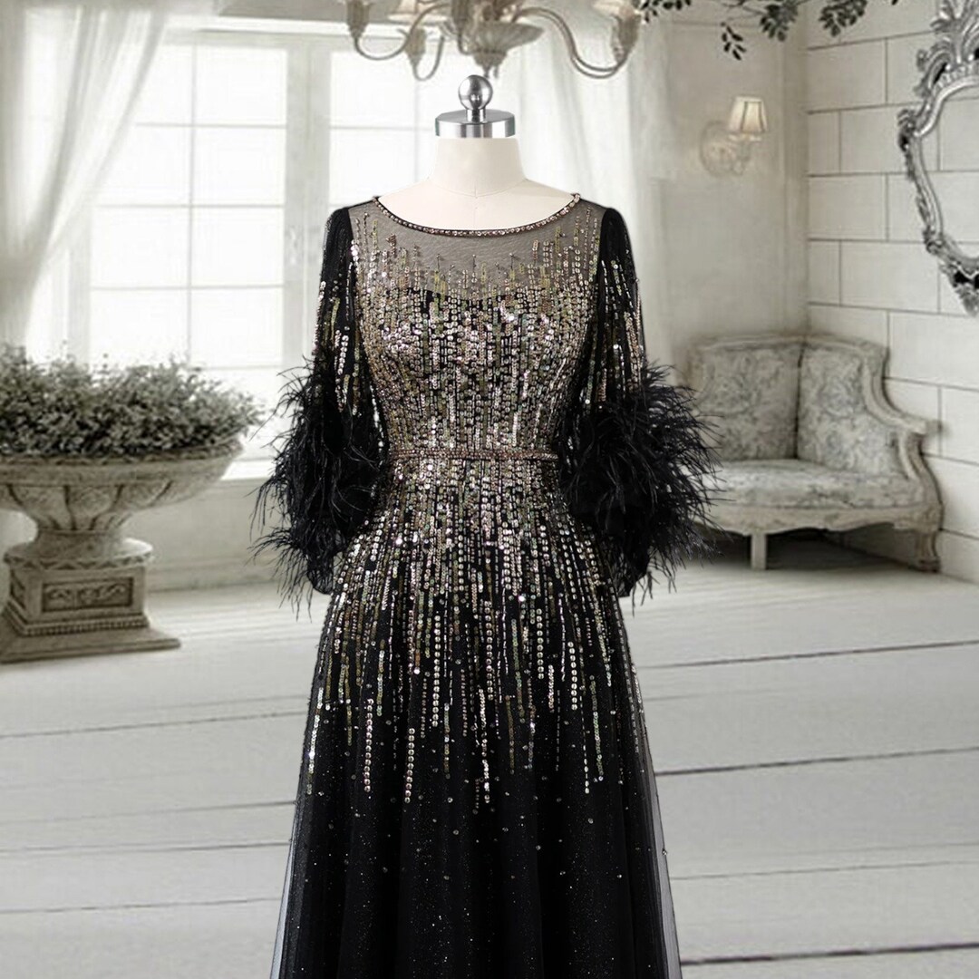 feather black tie dress
