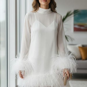 White Long Sleeve Feather Dress - Etsy