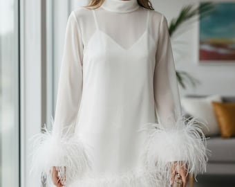long sleeve white dress with feathers MARAYA White Long Sleeve Mini Feather Dress