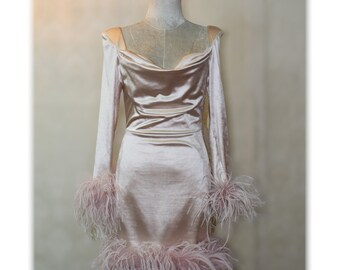 MARAYA Square Neck Feather Mini Dress