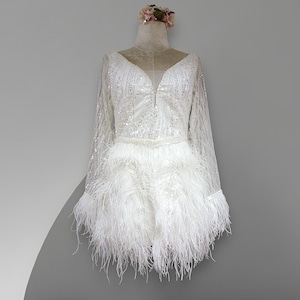 MARAYA White rhinestone Long Sleeve Mini Feather dress, Wedding Dress