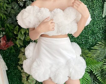 White Pompom dress, White Cocktail Dress, wedding dress, prom dress, Lolita Style dress, Custom dress for Plus Size,Hen night. (OPPP0001)