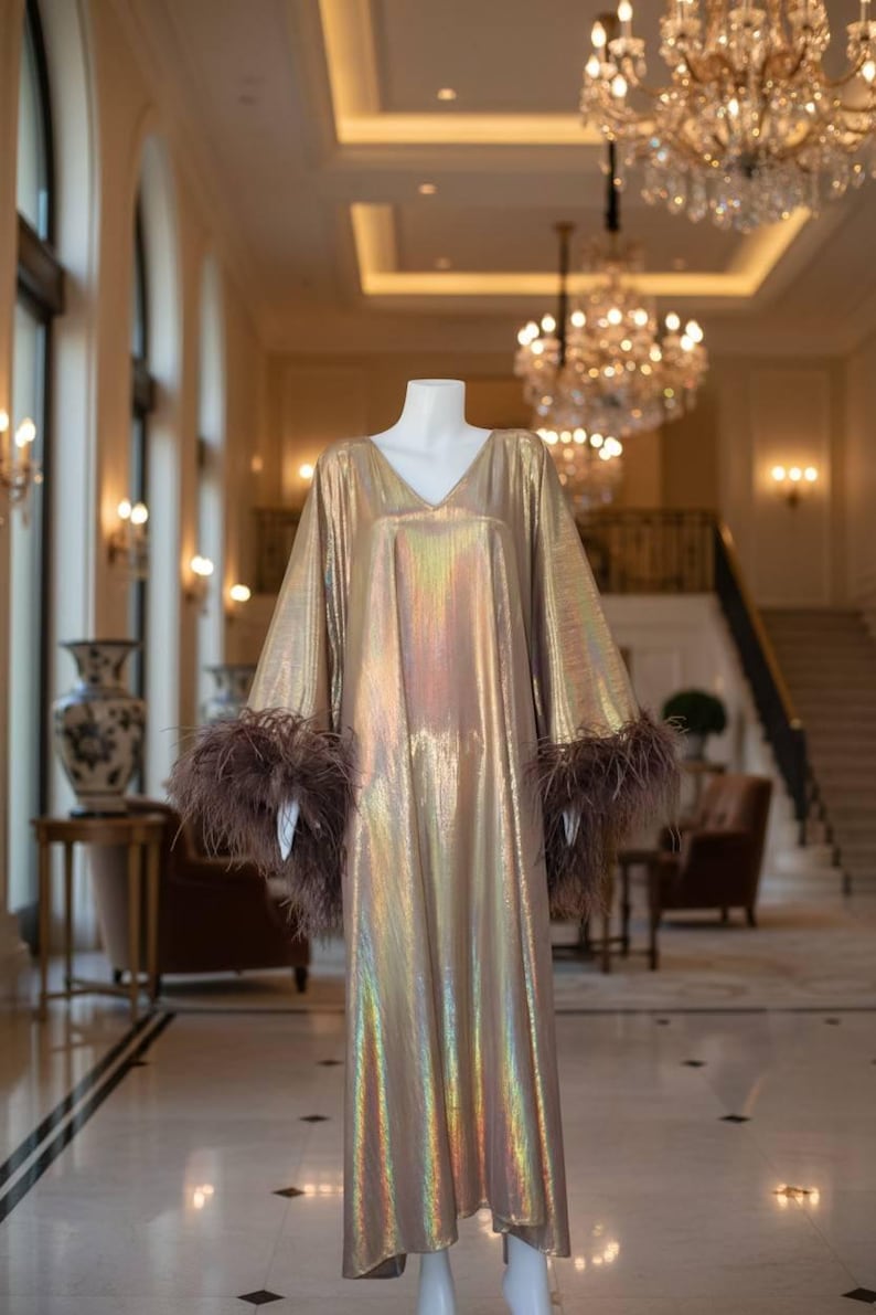 CERVIA Sparkle Kaftan Dress with Feathers, Party Robe image 2