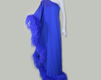 MARAYA Royal Blue One-Shoulder Maxi Ostrich Feather Dress