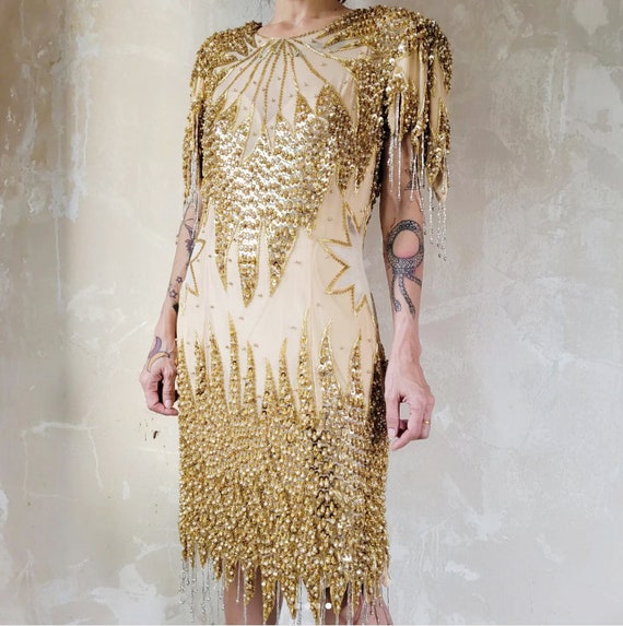 Rare Vintage 1980's Sheer Sequin Gold Beaded Frin… - image 2