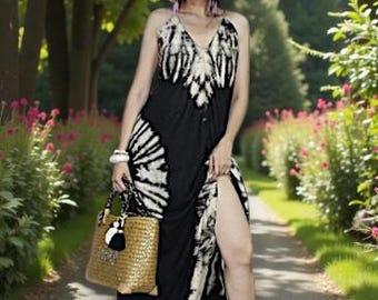 Black Tie Dye maxi dress, Boho Maxi Dress Black, Open back dress, Beach Cover Up, Tie dye beach dress,  summer Tie dye dress