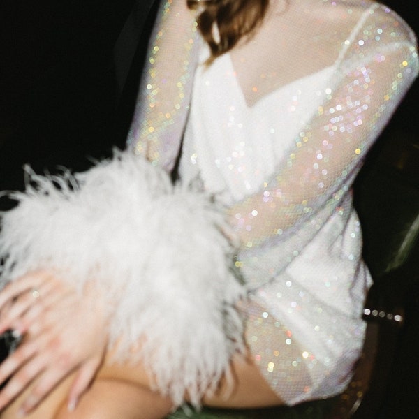 MARAYA Rhinestone Mesh Long Sleeve Mini Ostrich Feather Dress With Slip dress