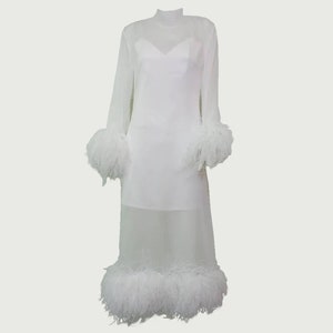MARAYA White Long sleeve midi Feather dress