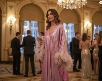 CERVIA Sparkle Kaftan Dress, Feather Trim, Party Cover-Up
