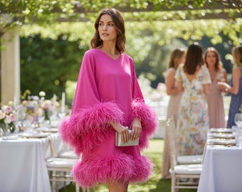 Peach Pink Asymmetric Feather Dress One Shoulder Dress Wedding