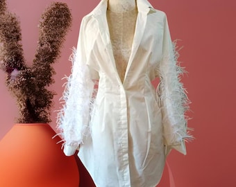 MARAYA White Shirt Puff-Sleeves Decorated With Ostrich feathers