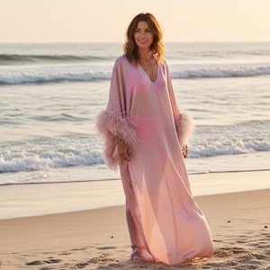 Vestido caftán transparente CERVIA, bata de plumas para la playa.