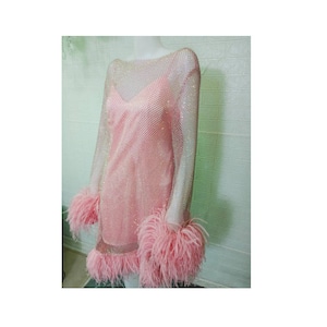MARAYA Pink Rhinestone Mesh Long Sleeve Mesh Mini Dress With