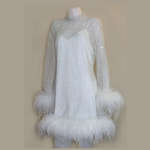 MARAYA Rhinestone Mesh High Neck Mini Feather Dress