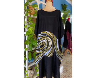 Black Boat neck Batik Hand painted Kaftan dress