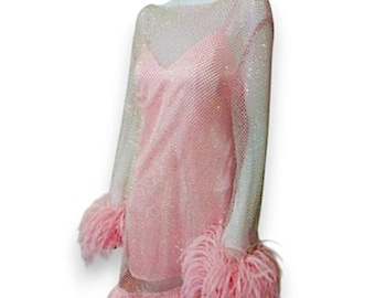 MARAYA Pink Rhinestone mesh Long Sleeve Mesh Mini Dress With Slip Feather dress