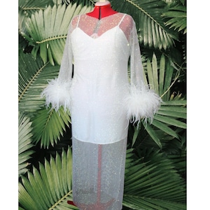 MARAYA Plus Size Rhinestone Mesh Long Sleeve Maxi Feather Dress With Slip dress