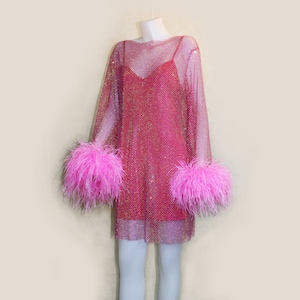 MARAYA Hot Pink Rhinestone Mesh Mini Feather See - through Dress