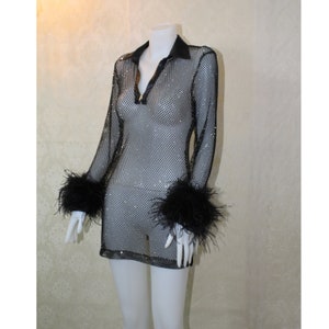 MARAYA Black Rhinestone Collar Feather Shirt