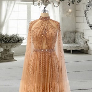 Jewel Halter Crystal Gown Dress with Cape Sleeve