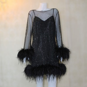 MARAYA Black Rhinestone Mesh Long Sleeve Bottom Mini Feather Dress