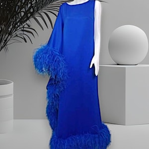 MARAYA Royal blue One-Shoulder Maxi Feather Dress neck Boat