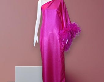 MARAYA One-Shoulder Maxi Slit Ostrich Feather Dress