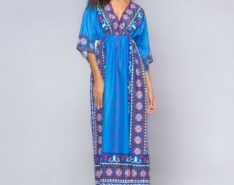 Blue Bohemian Cotton Printed Kaftan Maxi Dress, Plus size dress