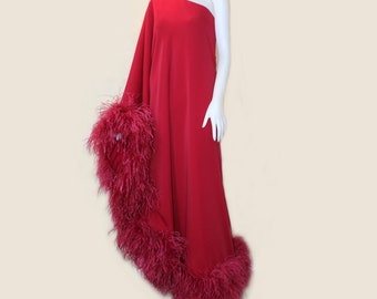 May include: A long, one-shoulder red dress with a feather trim. The dress is made of a smooth, flowing fabric and has a simple, elegant design.