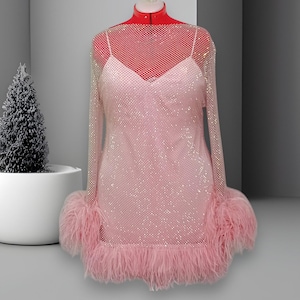 MARAYA Plus Size Pink Rhinestone Mesh Long Sleeve Bottom Mini Feather Dress