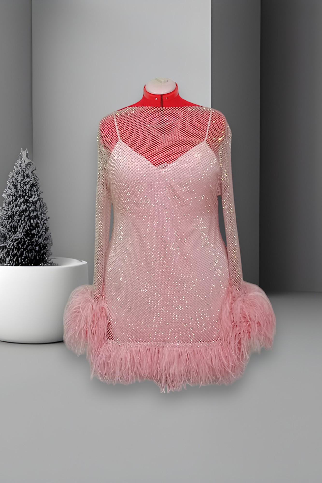 Rhinestone Long Sleeve Mesh Mini Dress - Etsy