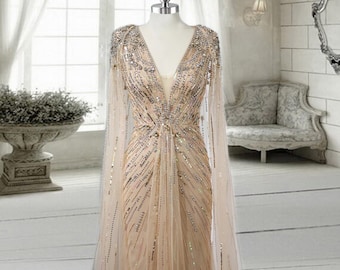 Gold Elegant Crystal Dubai Evening Dress with Cape