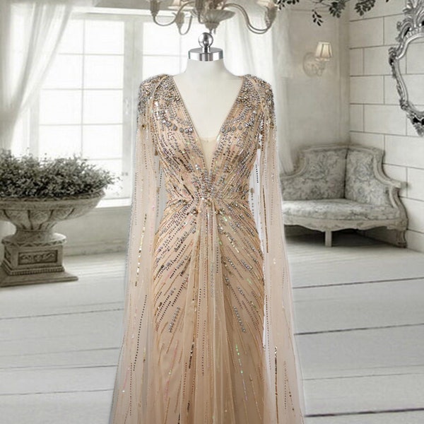 Gold Elegant Crystal Dubai Evening Dress with Cape