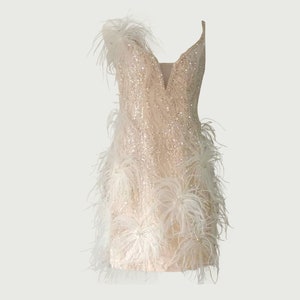 MARAYA Rhinestone Sleeveless V-Backless Mini Feather dress