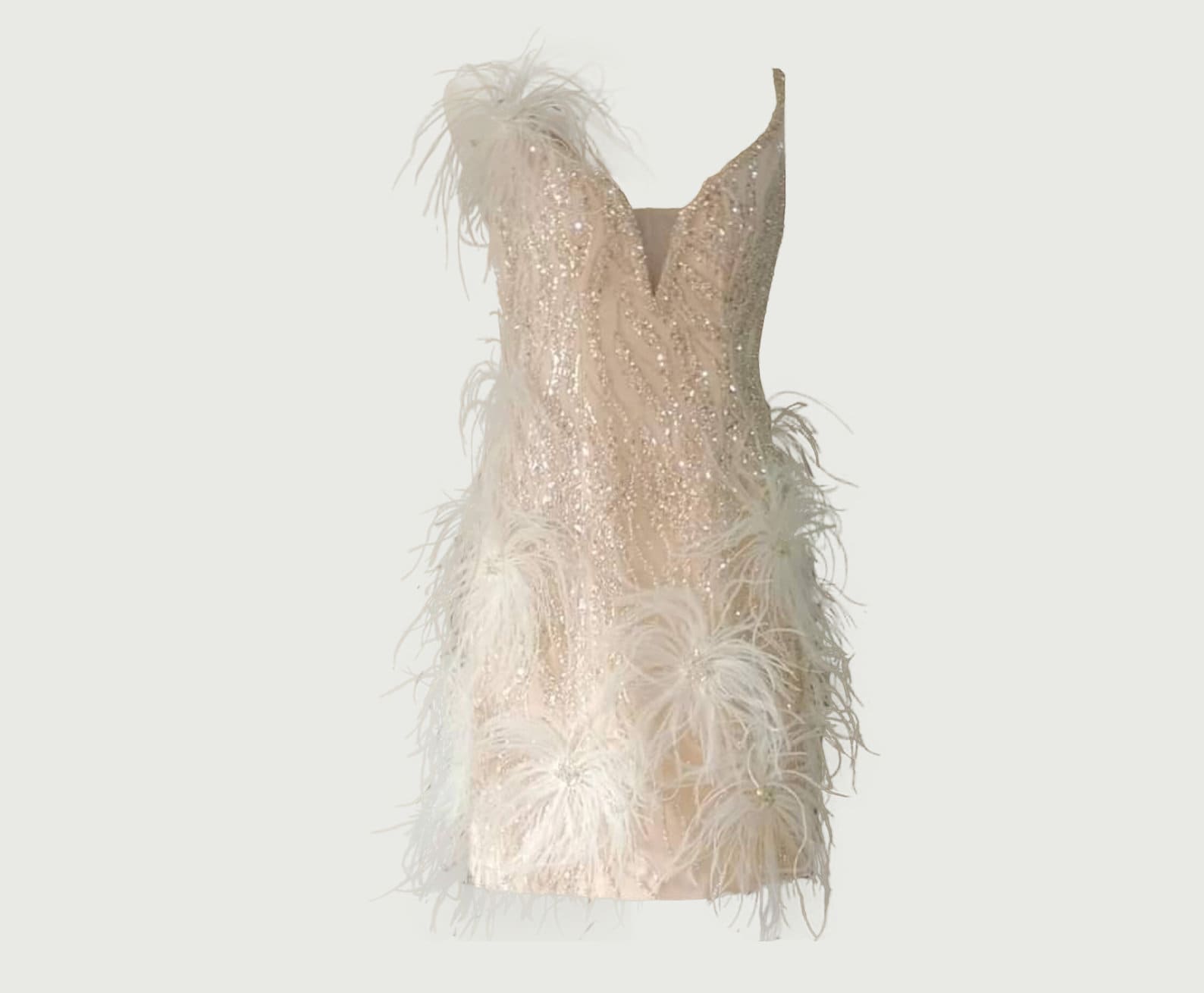 MARAYA Rhinestone Sleeveless V-Backless Mini Feather dress