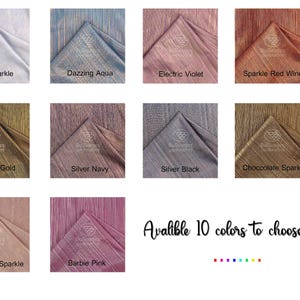 May include: A collage of ten fabric swatches in different colors and textures. The swatches are arranged in a grid of five rows and two columns. The colors include white, aqua, violet, red wine, gold, navy, black, brown, pink, and a darker pink. The text "Available 10 colors to choose from" is displayed below the swatches.