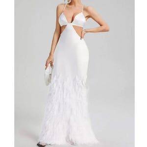 MARAYA White Spaghetti Strapless mermaid Midi Feather Dress