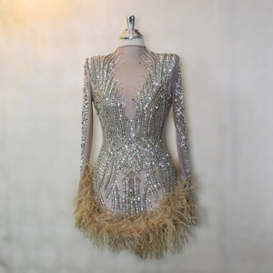 MARAYA Luxury Beaded Crystal Feather Mini Dress