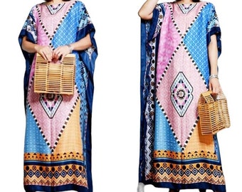 Mixed Colors Bohemian Printed Kaftan Maxi Dress, Plus size dress