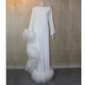 MARAYA Ivory Asymmetrical boat neck maxi Feather dress
