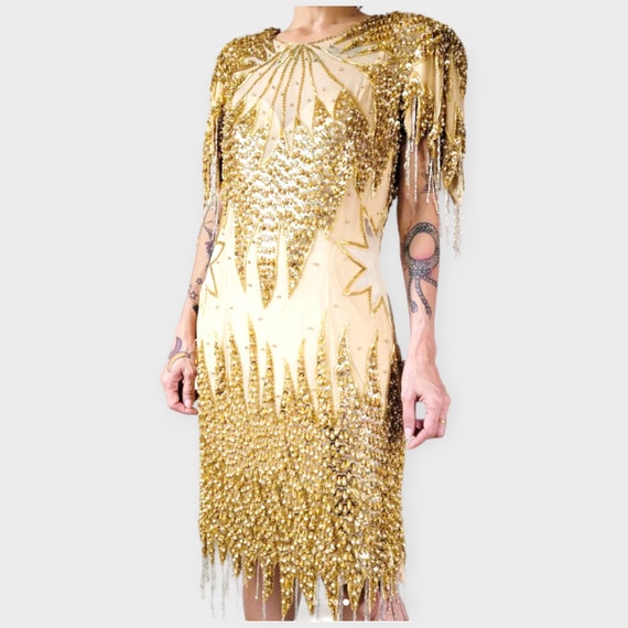 Rare Vintage 1980's Sheer Sequin Gold Beaded Frin… - image 1