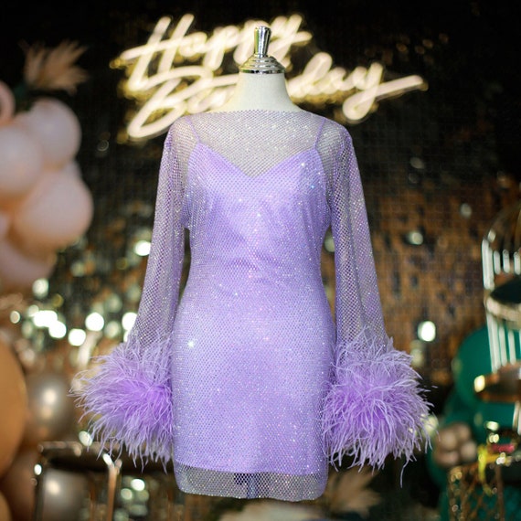 MARAYA Lavender Rhinestone Mesh Feather Mini Dress Etsy