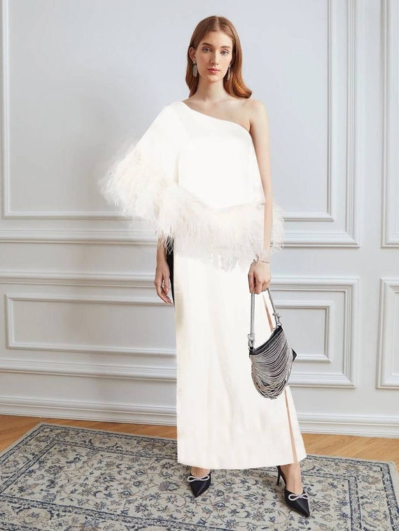 Buy MARAYA One-shoulder Maxi Feather Dress With Half Chiffon Shawl